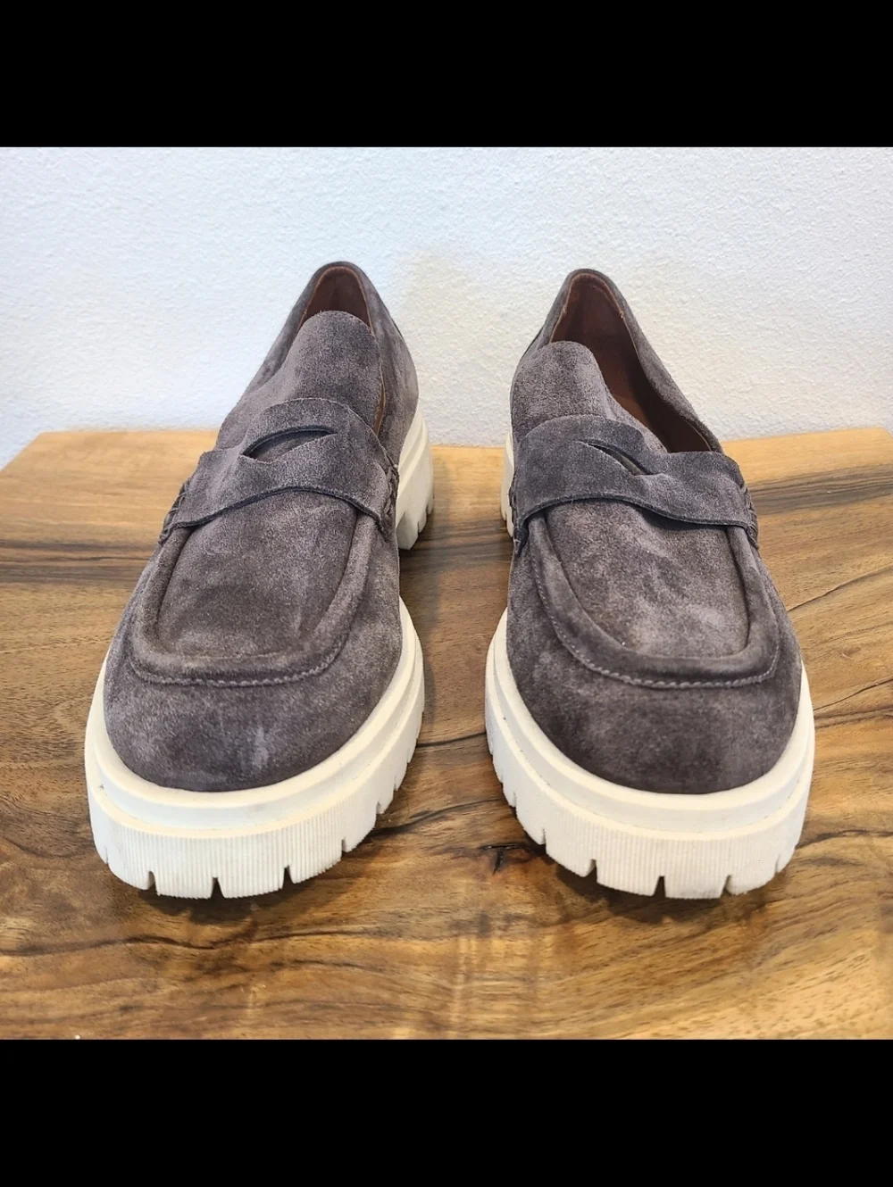 Aquatalia Orina Gray Suede Lug Sole Loafers